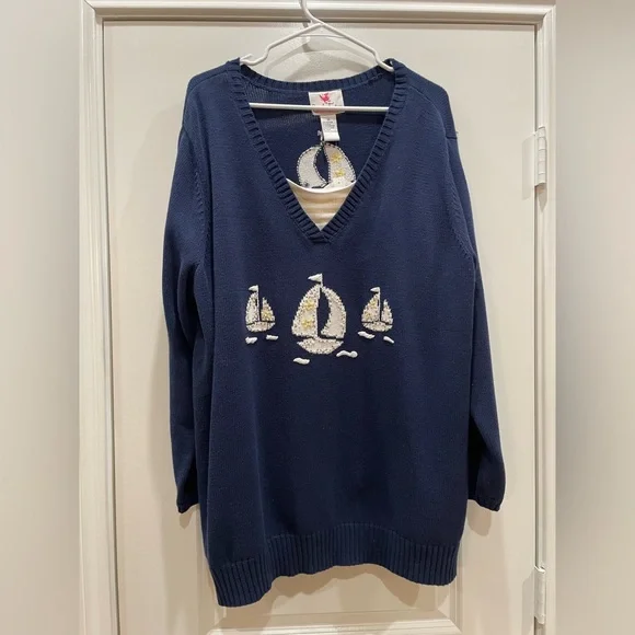 Navy Blue & Metallic Gold V-Neck Nautical Sweater w Sailboat Design  SZ: 2XL NWT - Picture 9 of 13